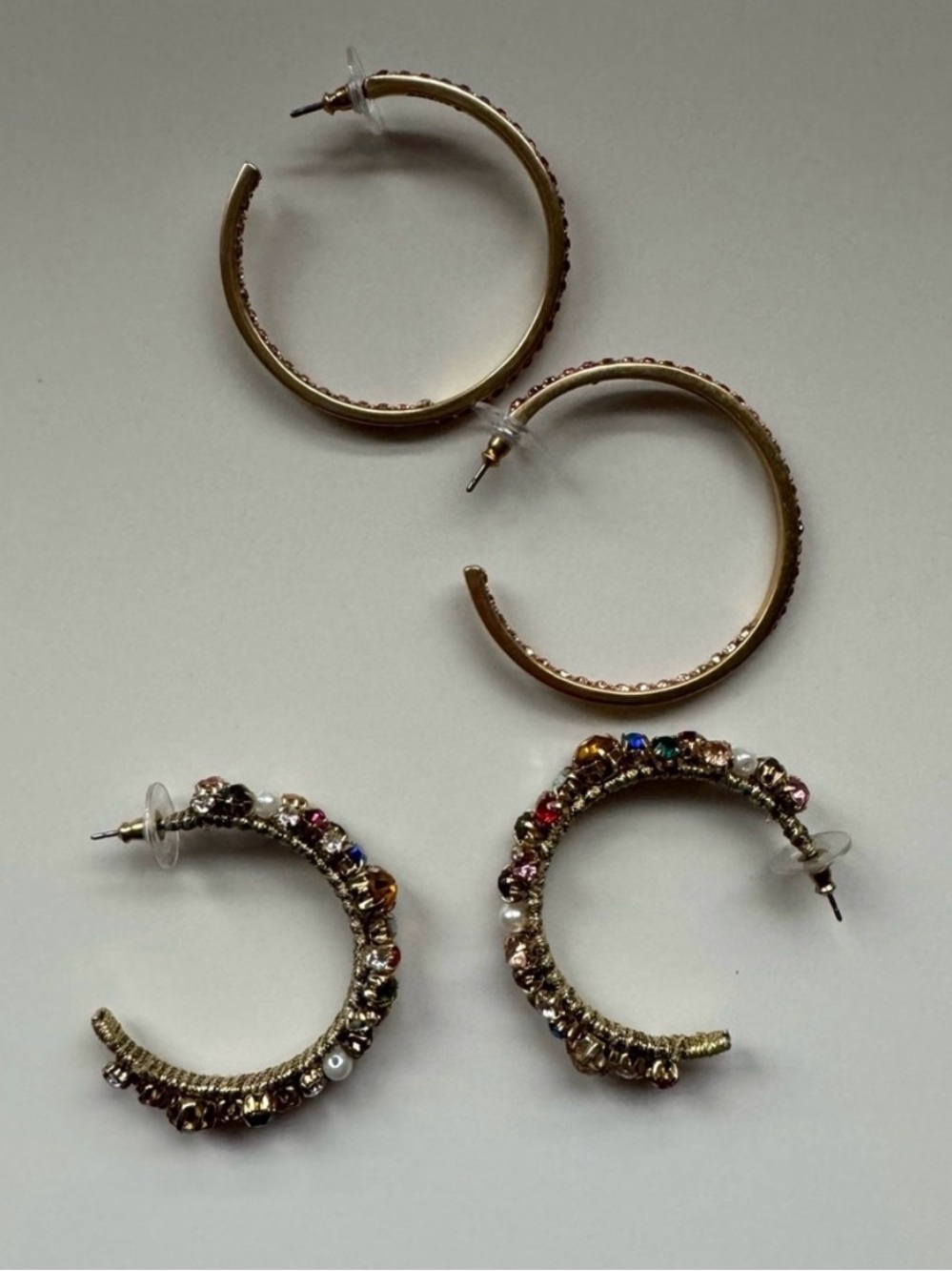 Two Pairs of J. Crew Gold-Tone Hoop Earrings Set with Multicolor Crystal Accents